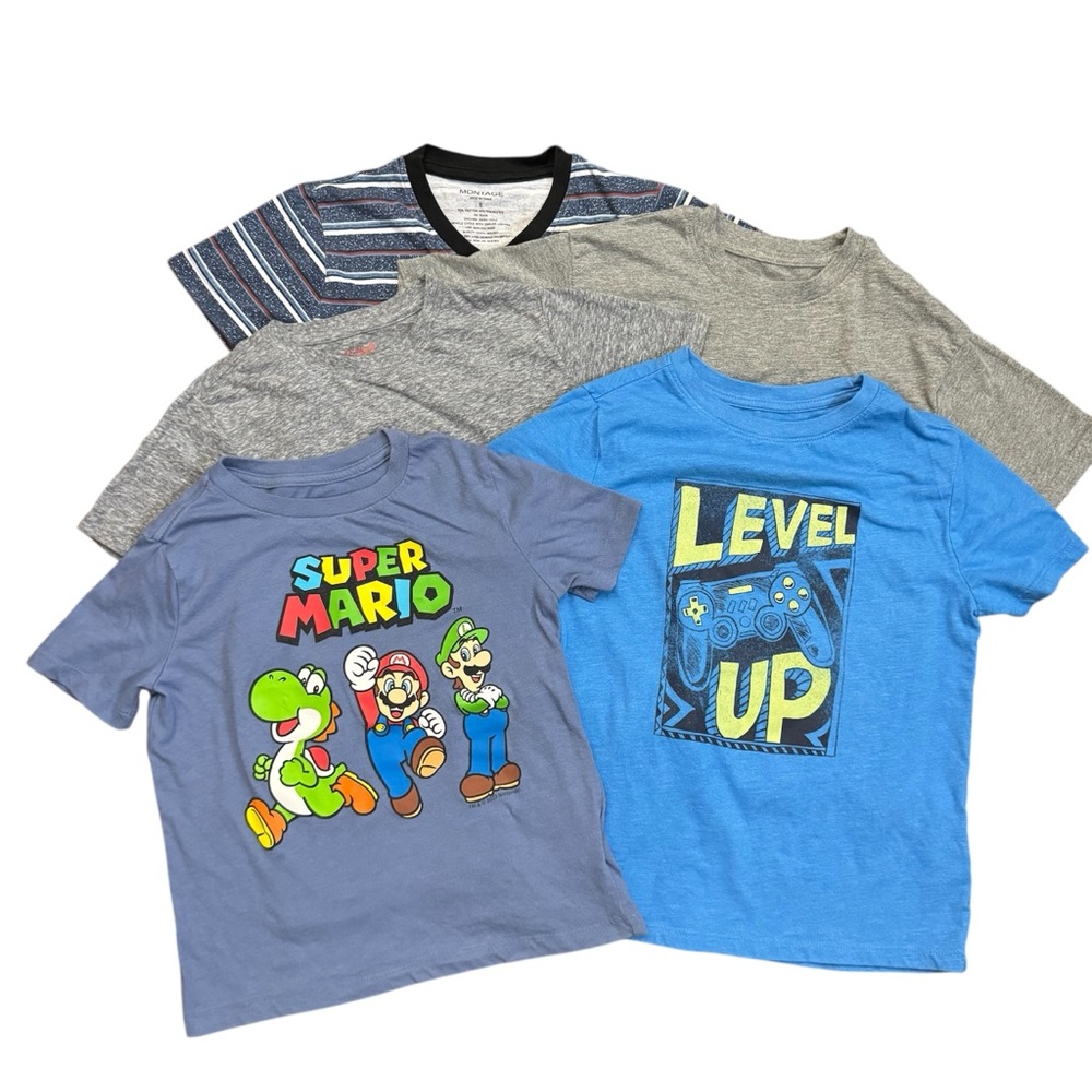 Boys Kids T-Shirt Set - Blue and Gray Tee Shirt Bundle Sz 6/7 Small
